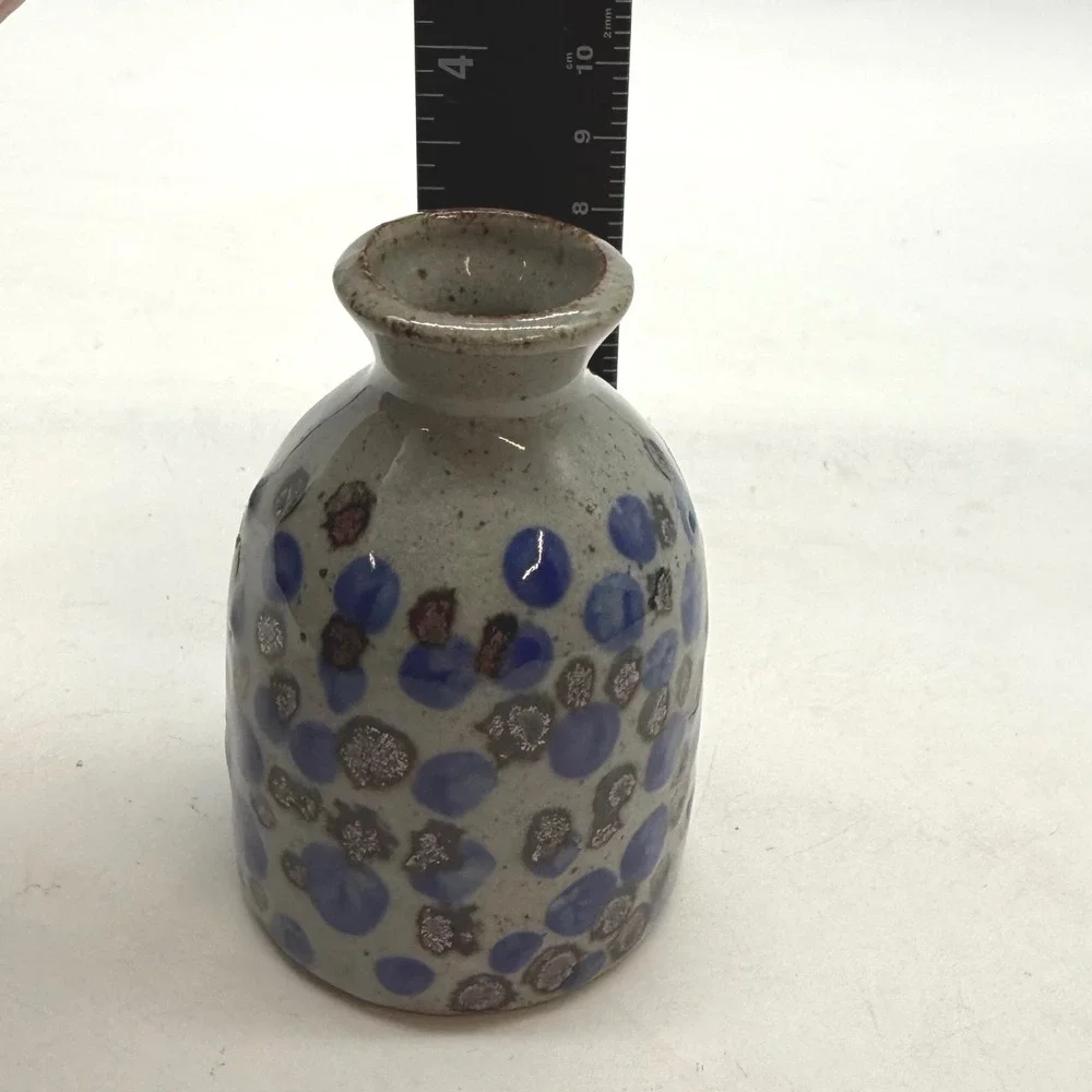 Knobler Japan Studio Pottery Bud Vase Blue Brown Polka Dot‎ Stoneware MCM 4 inch